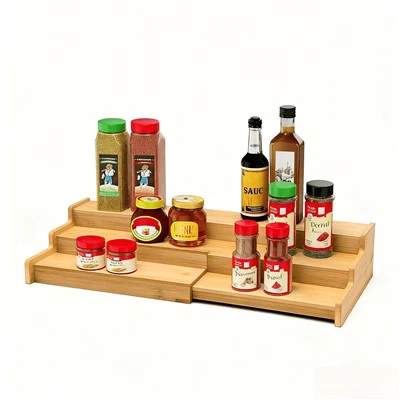Organizador de estante de especias de bambú de 3 niveles expandibles